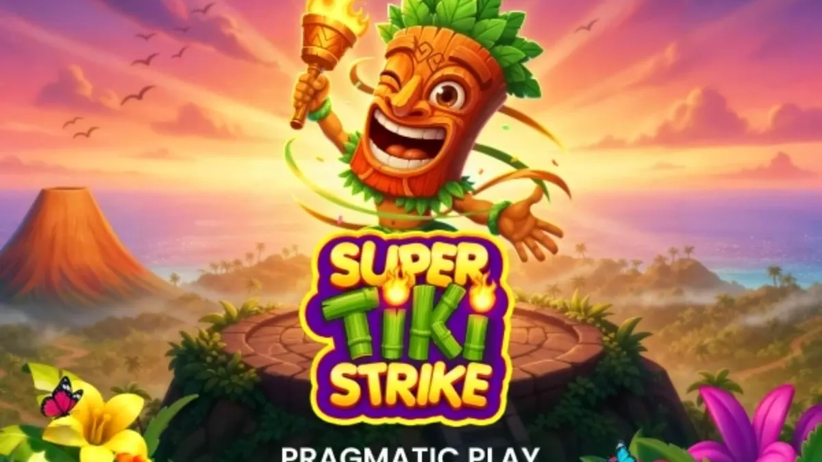Captura de tela do jogo Super Tiki Strike mostrando a grade 3x3 com símbolos tropicais e máscaras tiki em um cenário de ilha vulcânica.