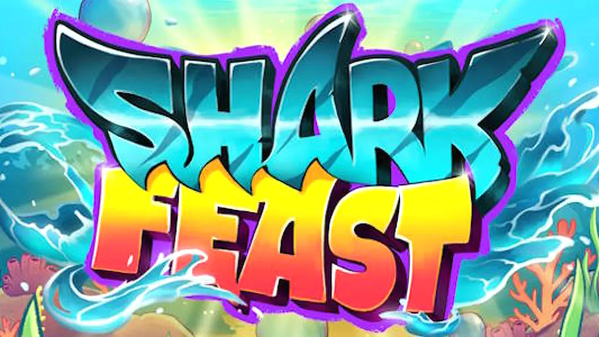 Cena subaquática vibrante com elementos neon do jogo Shark Feast