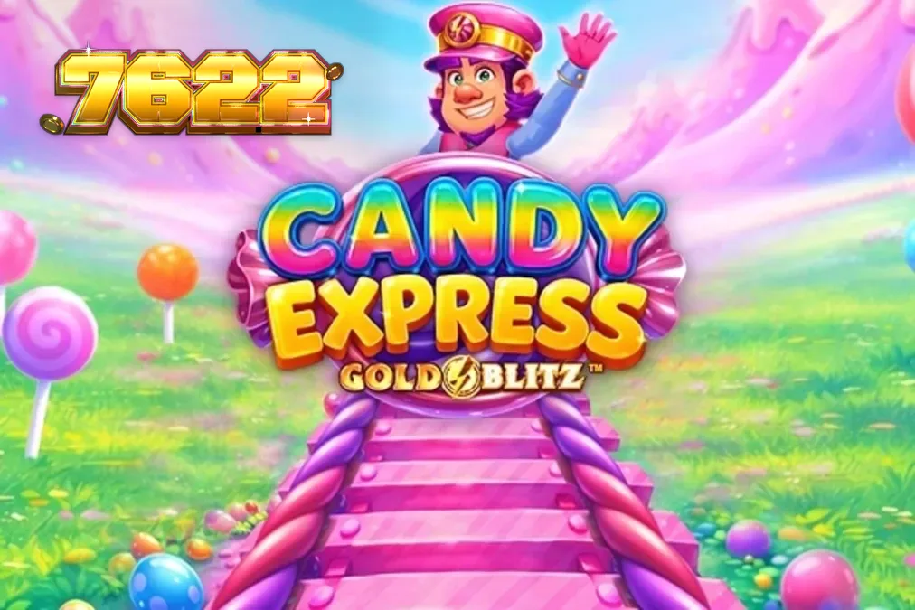 Interface colorida e vibrante do slot Candy Express Gold Blitz com elementos de doces